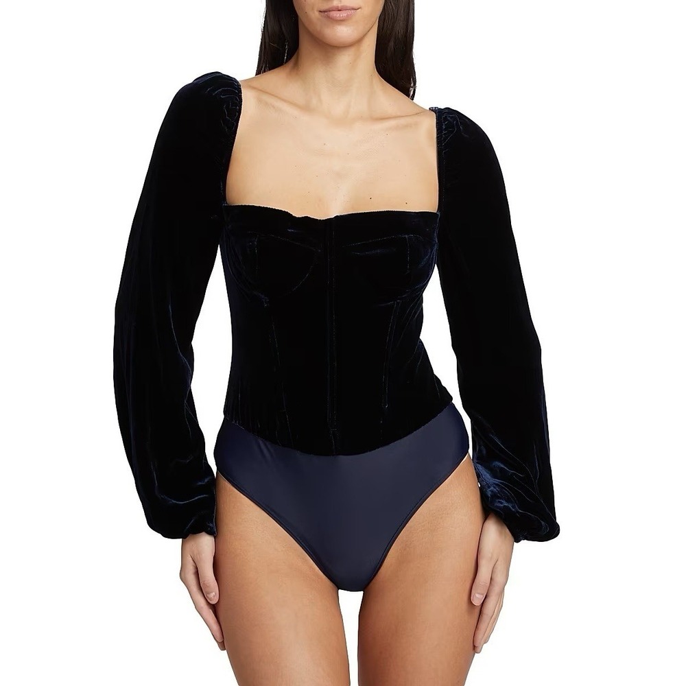 NWT Cami NYC Annel Eclipse Bodysuit Blue Velvet Puff Sleeve Boned Bodice Sz 0